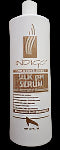 Bottle of hair care serum with label on a white background