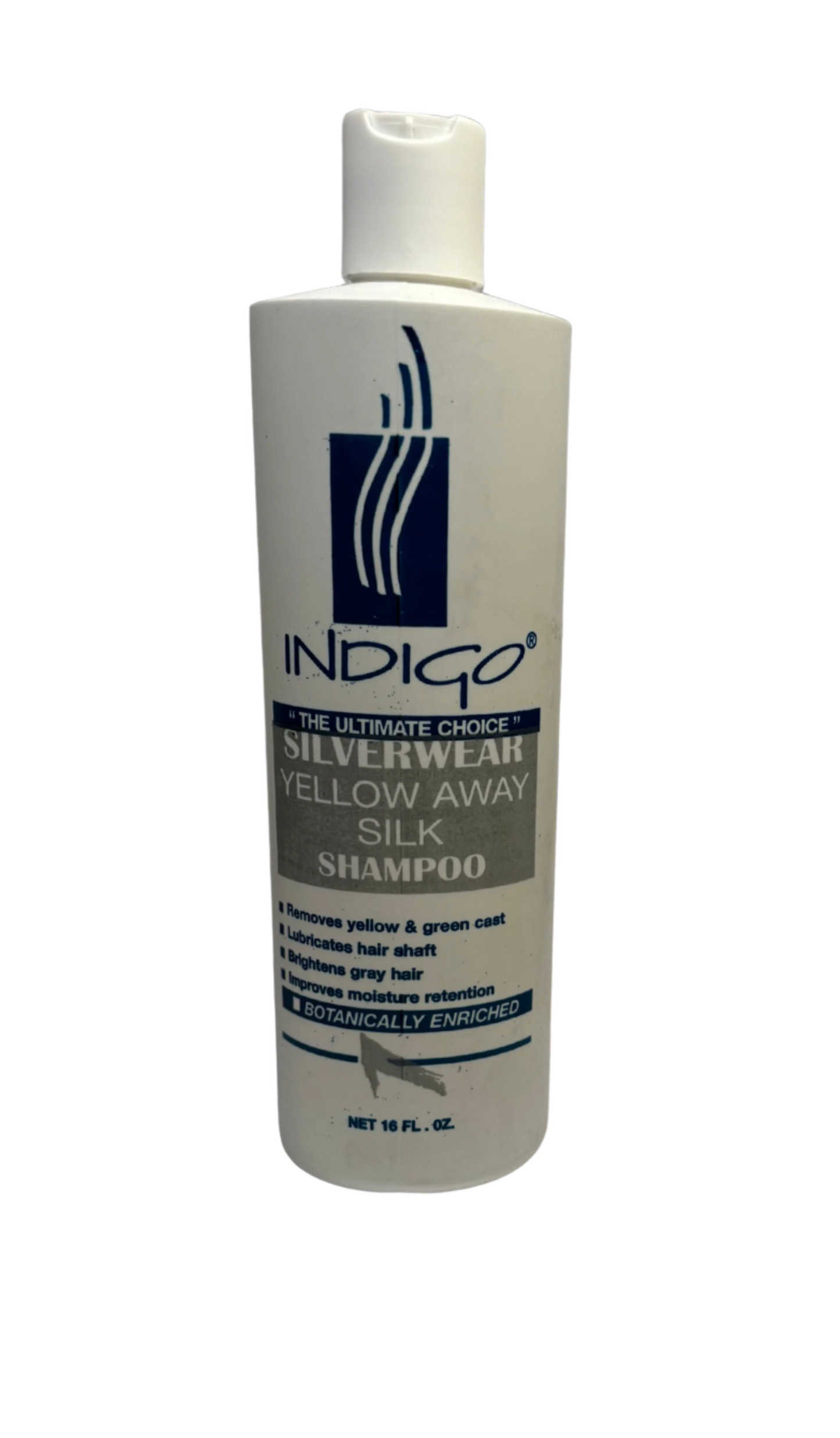Indigo shampoo bottle on a white background